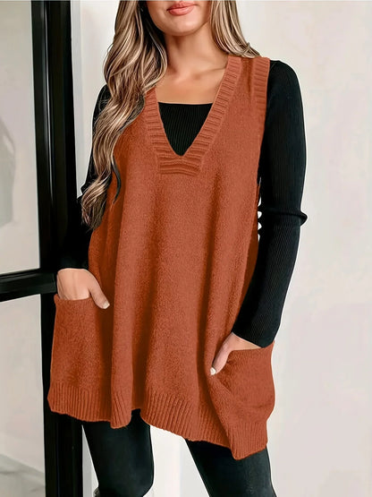 Women's oversized knit vest with V-neck sleeveless tunic length and patch pockets – Orange