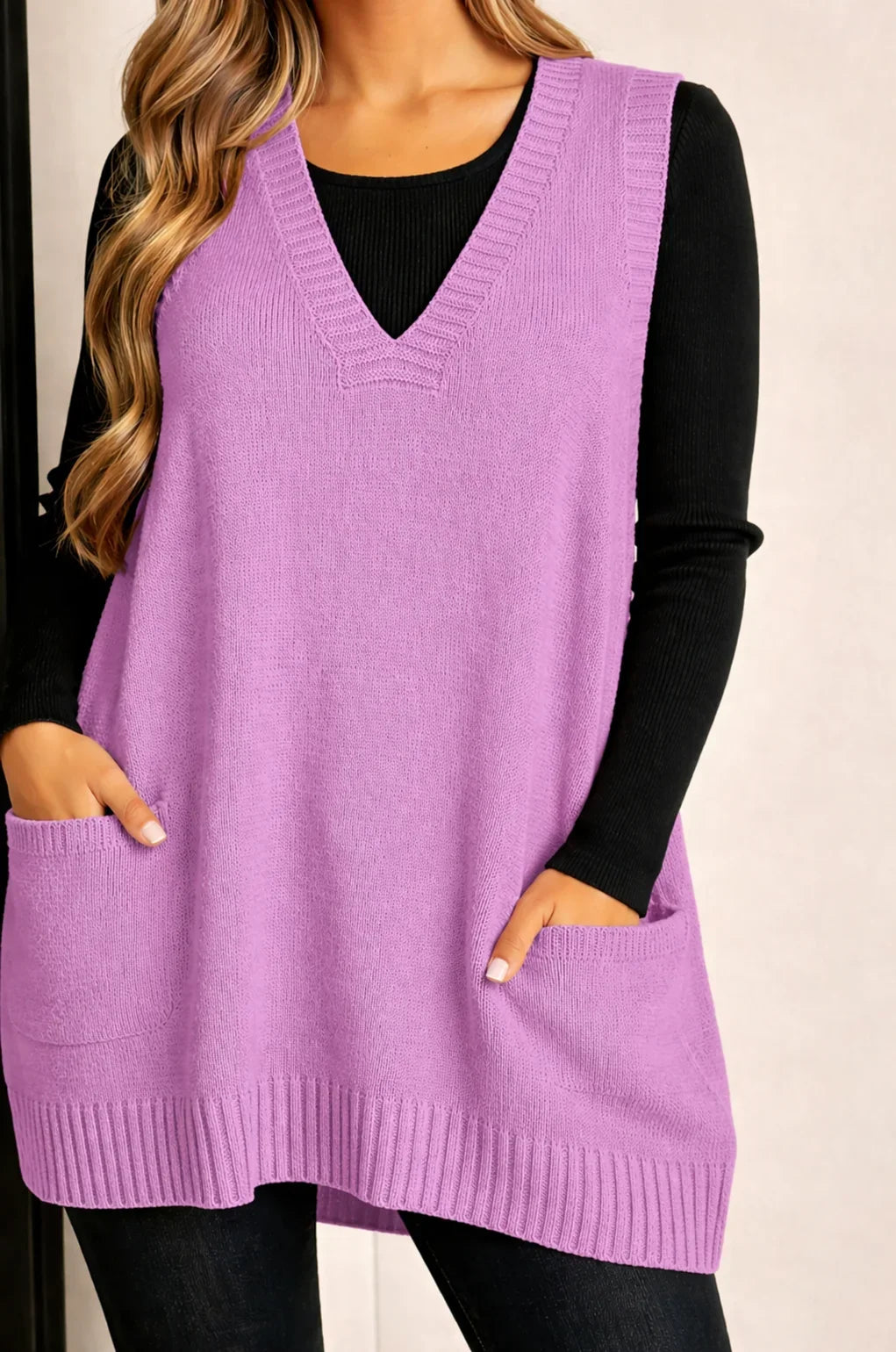 Women's oversized knit vest with V-neck sleeveless tunic length and patch pockets – Pink
