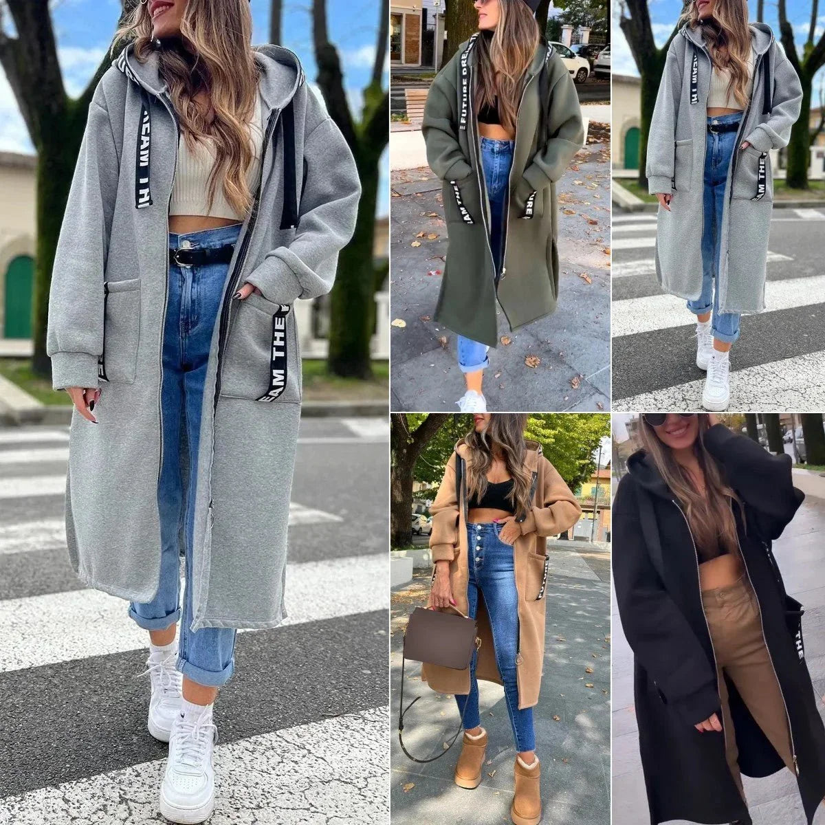 Women's oversized long hooded zip-up coat