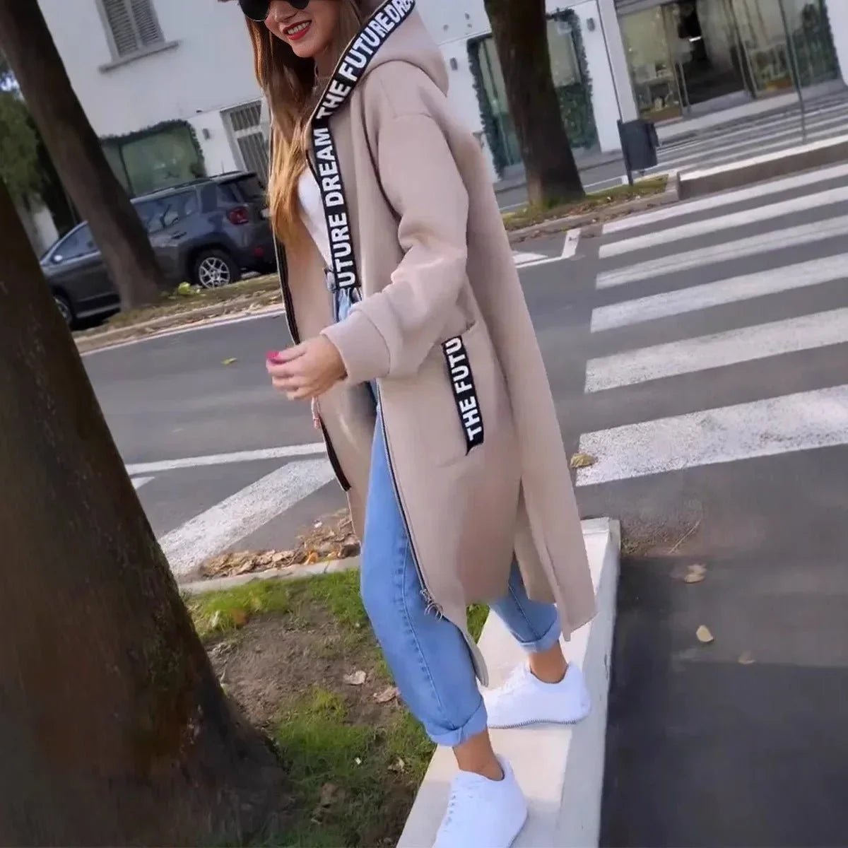 Women's oversized long hooded zip-up coat – Beige