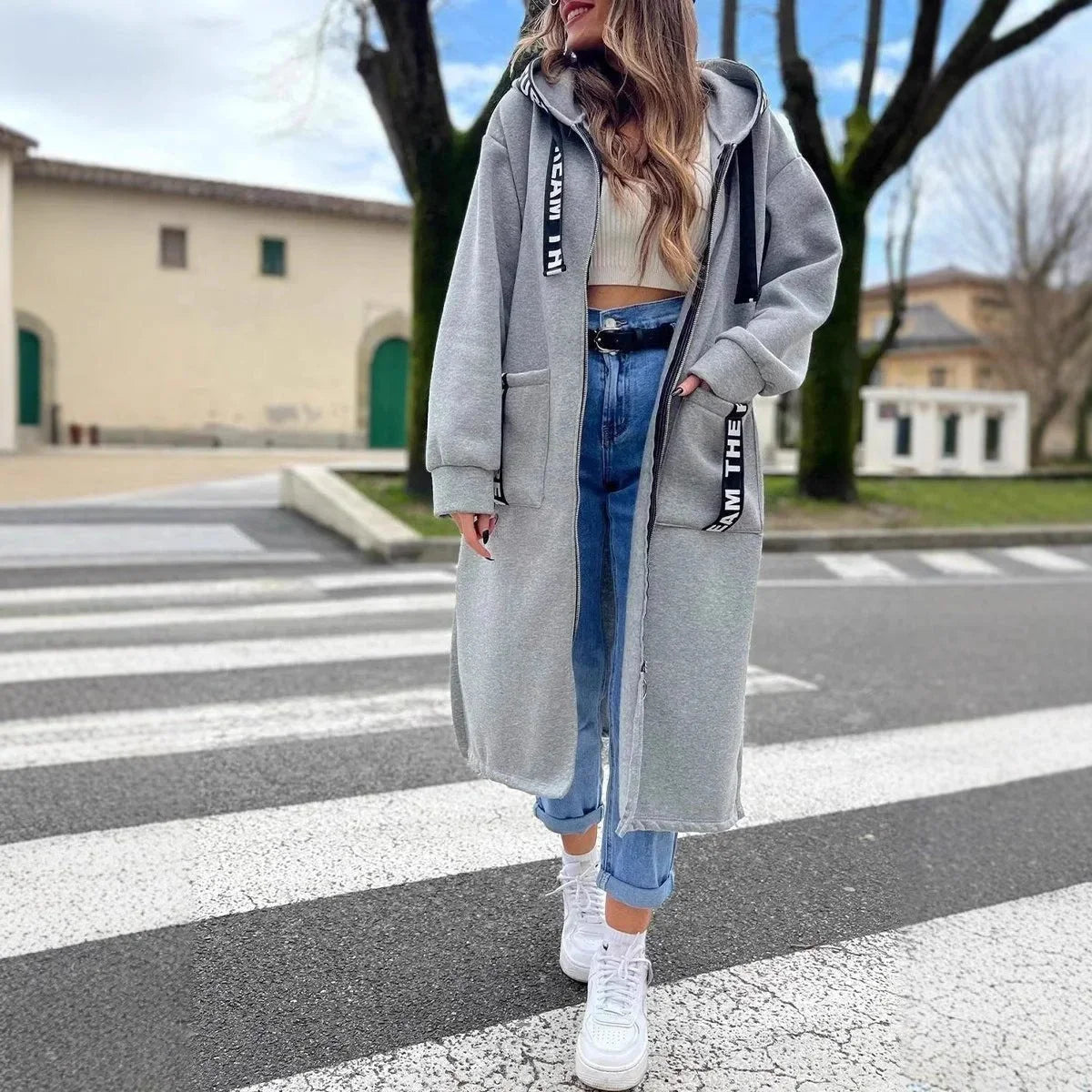 Women's oversized long hooded zip-up coat – Gray