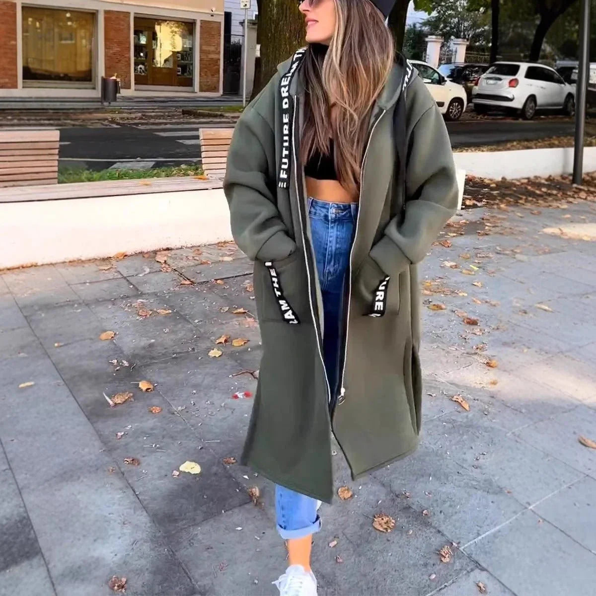 Women's oversized long hooded zip-up coat – Green