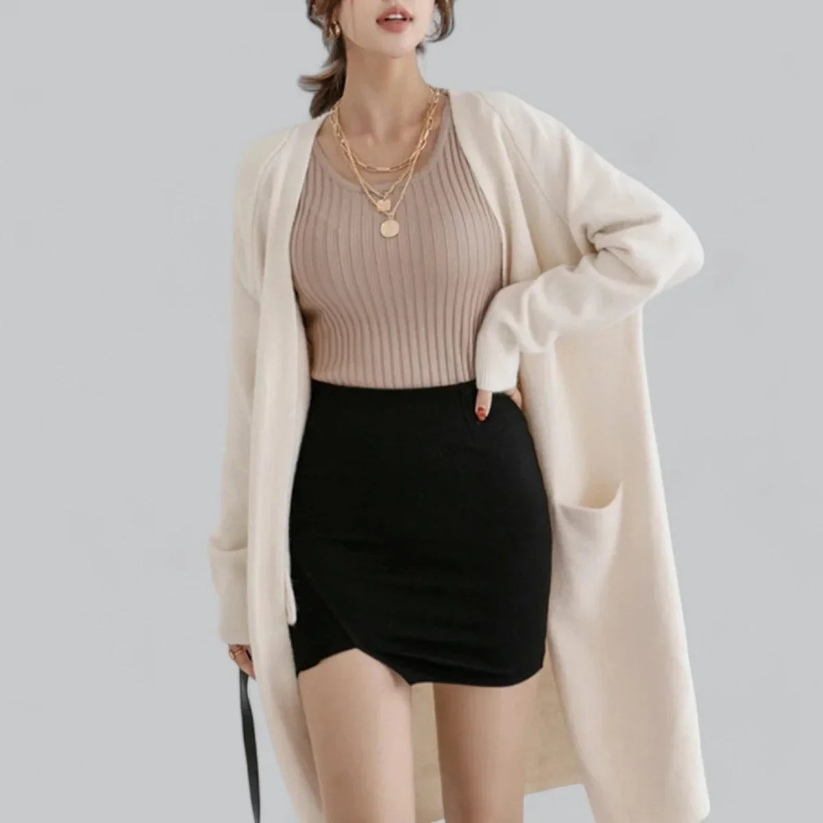 Women's oversized long open-front knit cardigan