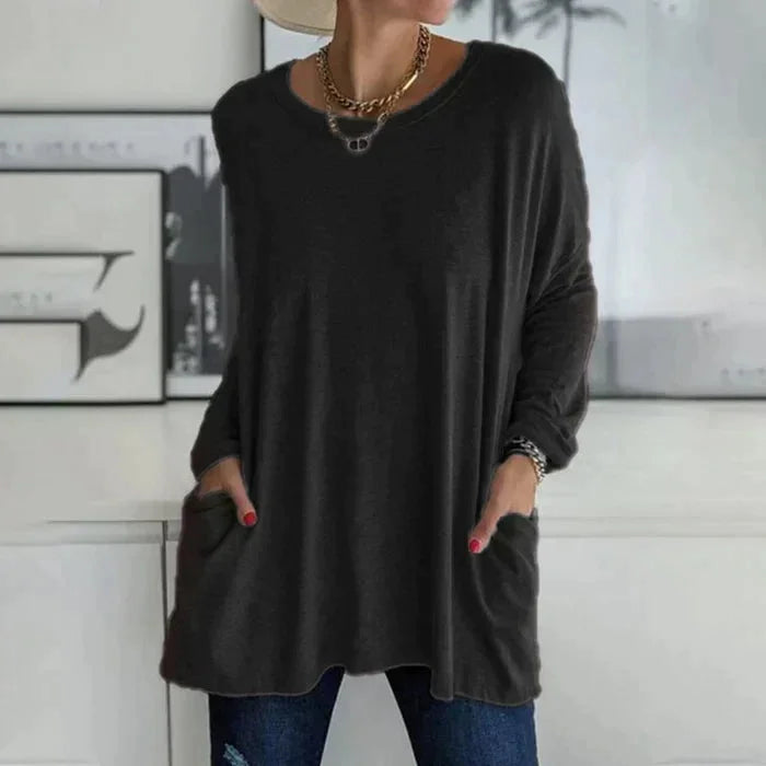 Women's oversized long sleeve tunic top with round neck and pockets – Black