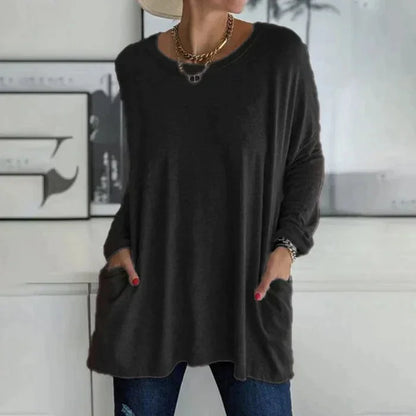 Women's oversized long sleeve tunic top with round neck and pockets – Black