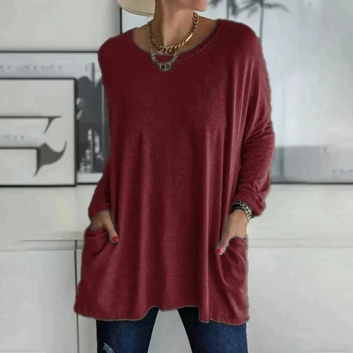 Women's oversized long sleeve tunic top with round neck and pockets – Bordeaux