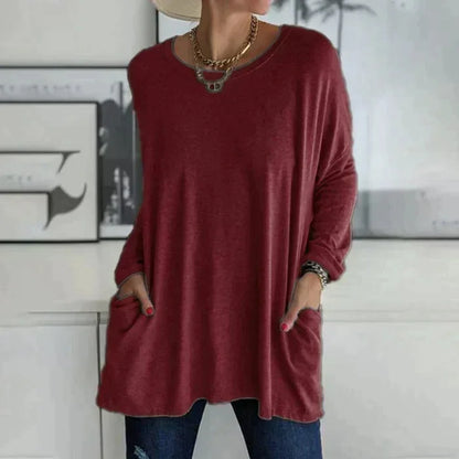 Women's oversized long sleeve tunic top with round neck and pockets – Bordeaux