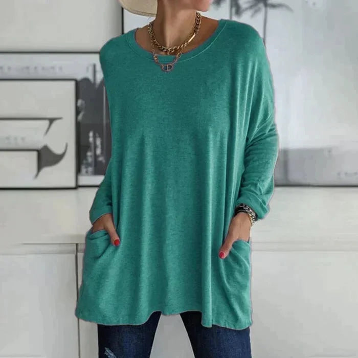 Women's oversized long sleeve tunic top with round neck and pockets – Cyan