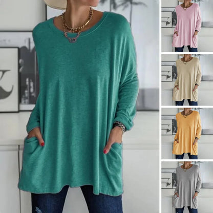 Women's oversized long sleeve tunic top with round neck and pockets