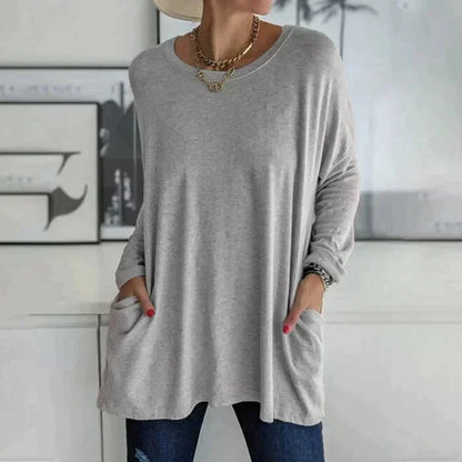 Women's oversized long sleeve tunic top with round neck and pockets – Grey