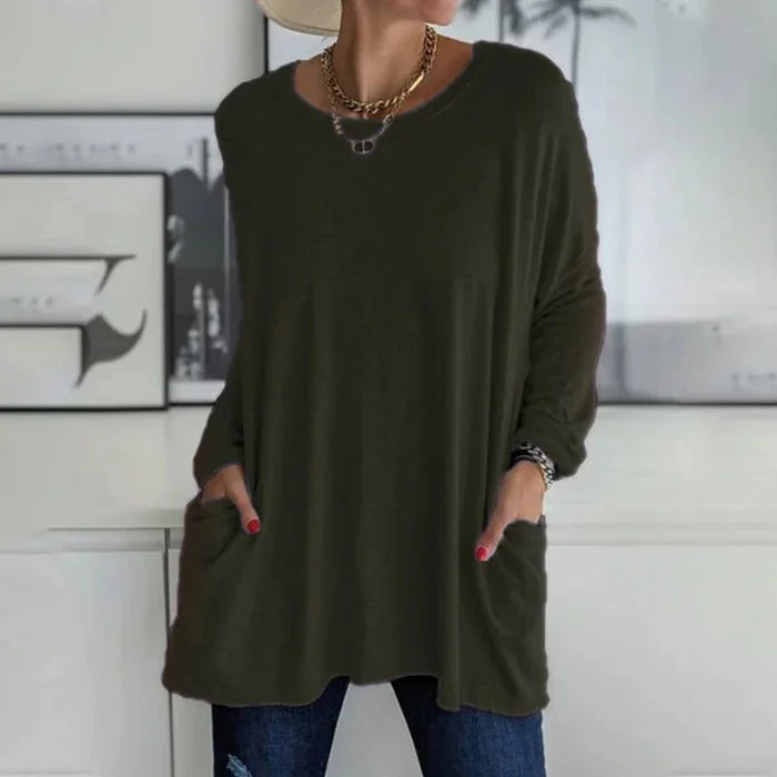 Women's oversized long sleeve tunic top with round neck and pockets – Green