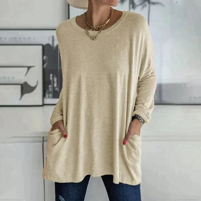 Women's oversized long sleeve tunic top with round neck and pockets – Khaki