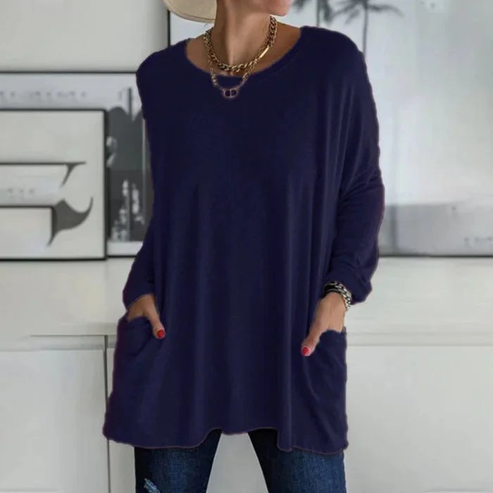 Women's oversized long sleeve tunic top with round neck and pockets – Navy Blue