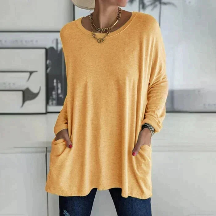 Women's oversized long sleeve tunic top with round neck and pockets – Orange