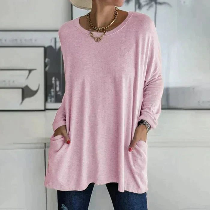 Women's oversized long sleeve tunic top with round neck and pockets – Pink