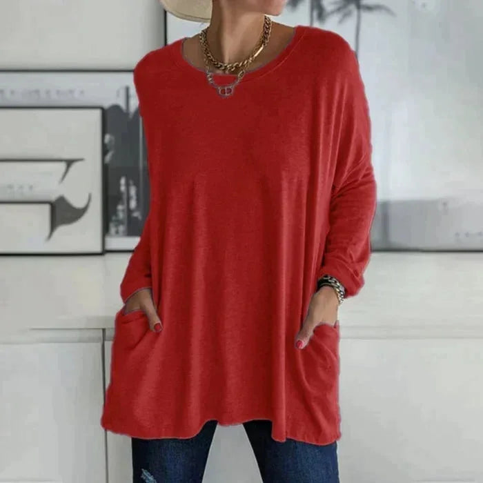 Women's oversized long sleeve tunic top with round neck and pockets – Red