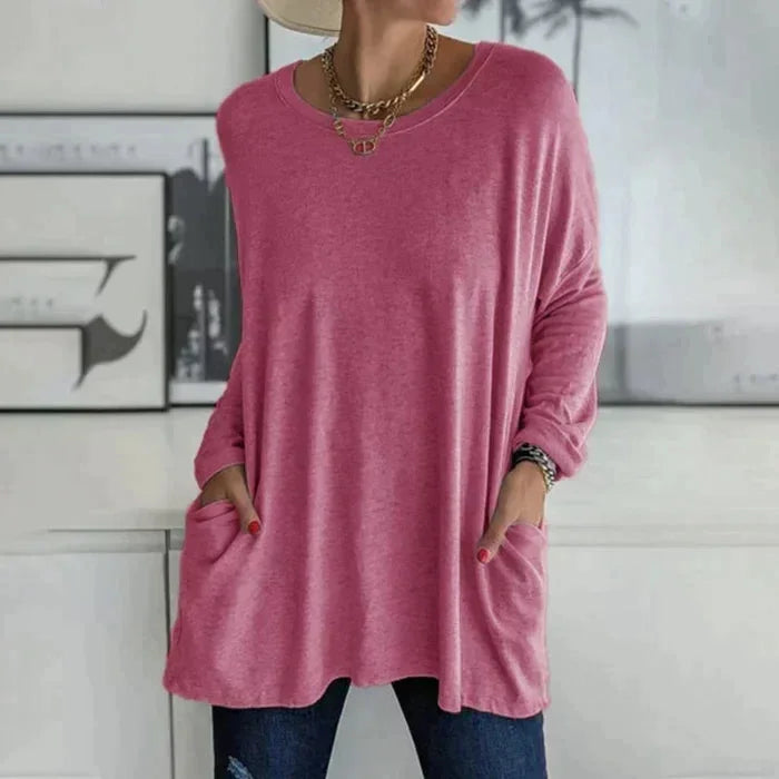 Women's oversized long sleeve tunic top with round neck and pockets – Red Pink