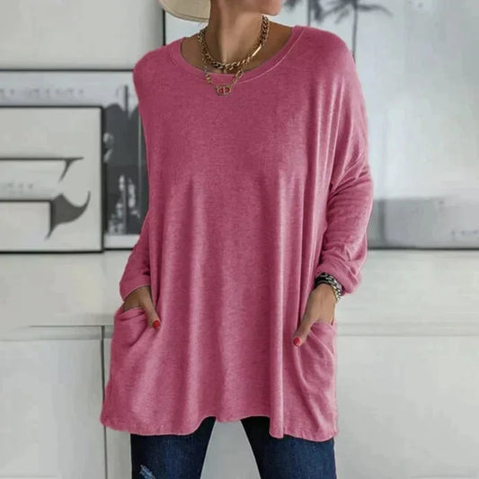 Women's oversized long sleeve tunic top with round neck and pockets – Red Pink