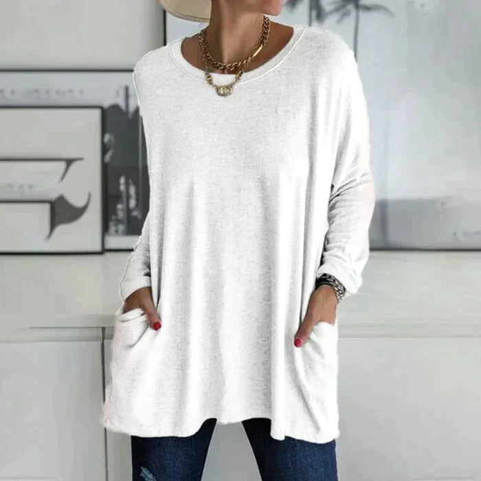 Women's oversized long sleeve tunic top with round neck and pockets – White