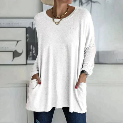 Women's oversized long sleeve tunic top with round neck and pockets – White