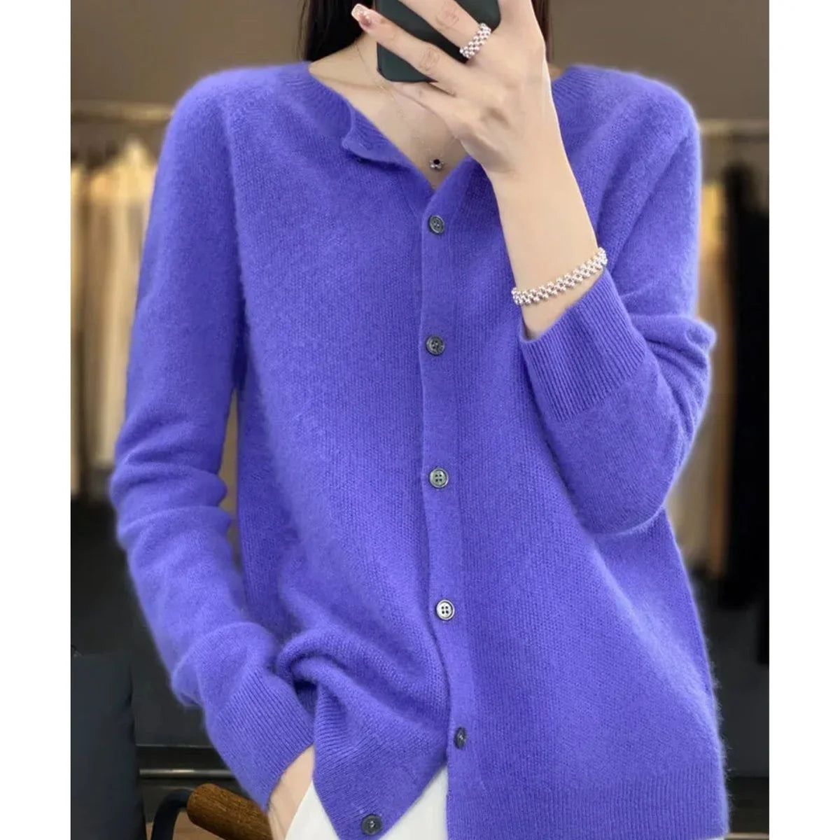 Women's oversized merino wool button-front knit cardigan – Dark Blue