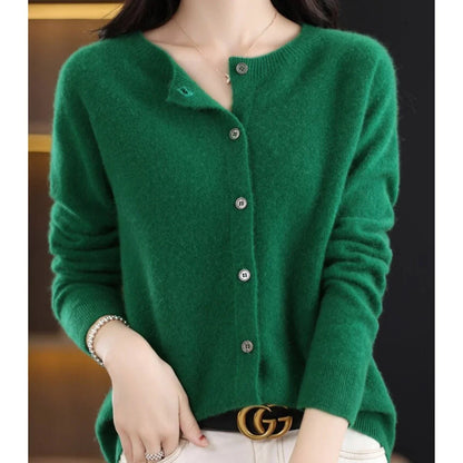Women's oversized merino wool button-front knit cardigan – Dark Green