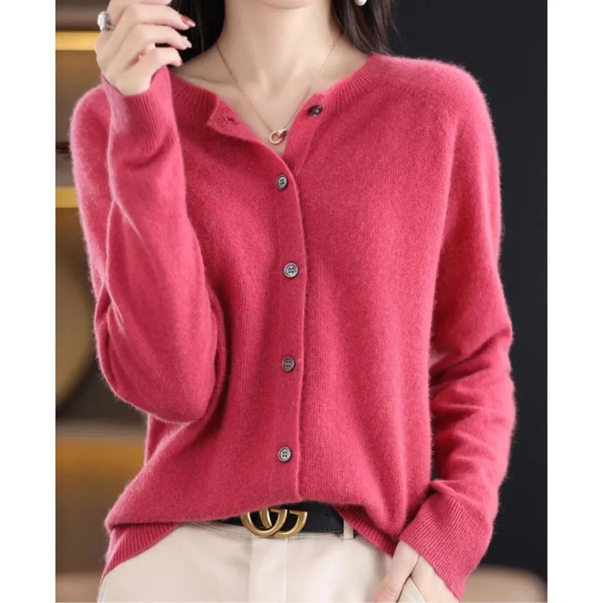 Women's oversized merino wool button-front knit cardigan – Dark Pink