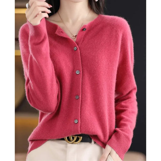Women's oversized merino wool button-front knit cardigan – Dark Pink