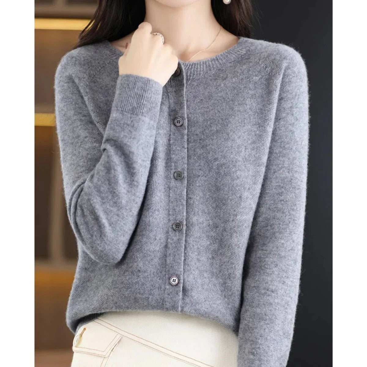 Women's oversized merino wool button-front knit cardigan – Gray