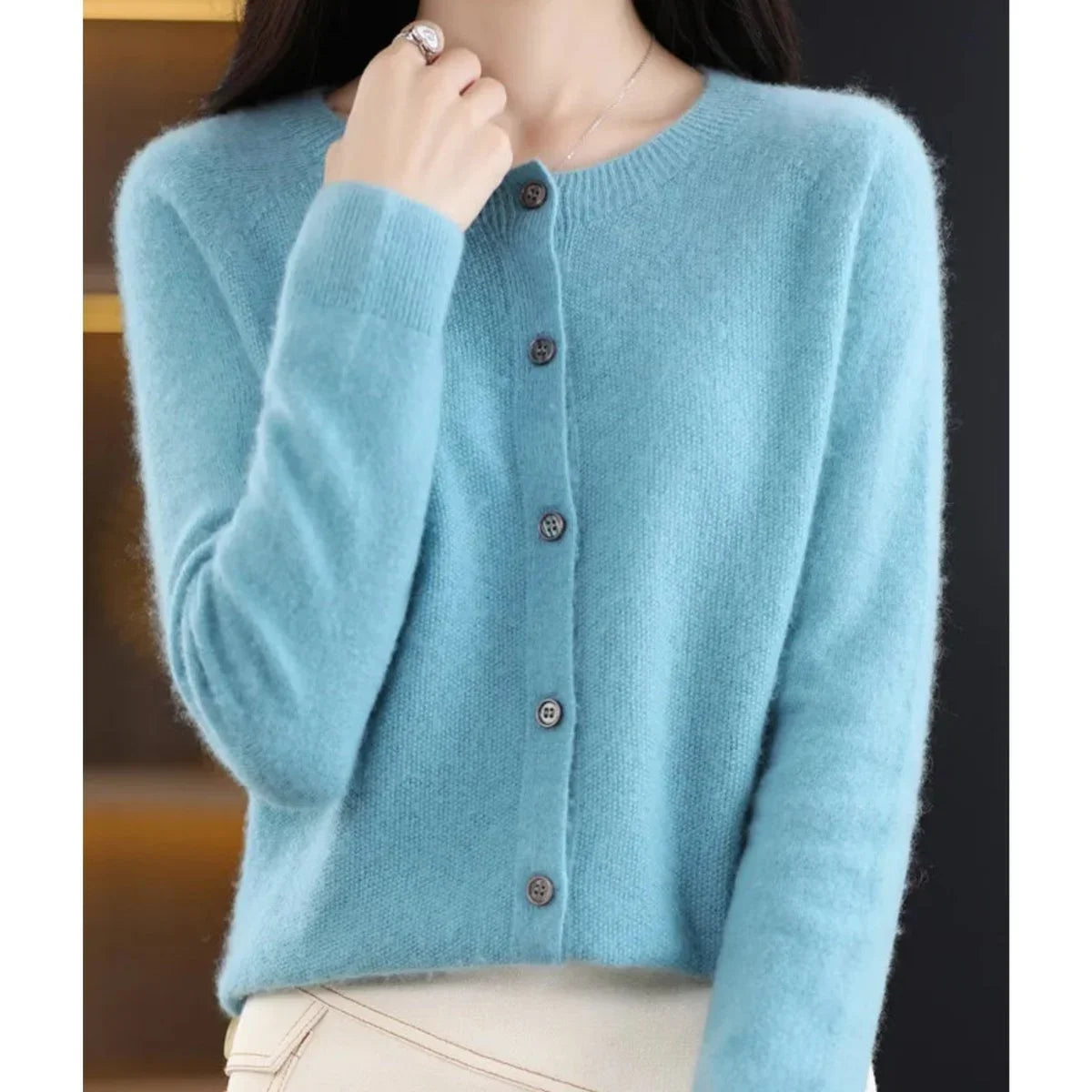 Women's oversized merino wool button-front knit cardigan – Light Blue