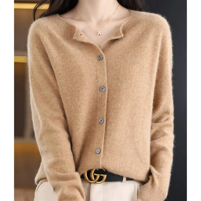 Women's oversized merino wool button-front knit cardigan – Light Brown