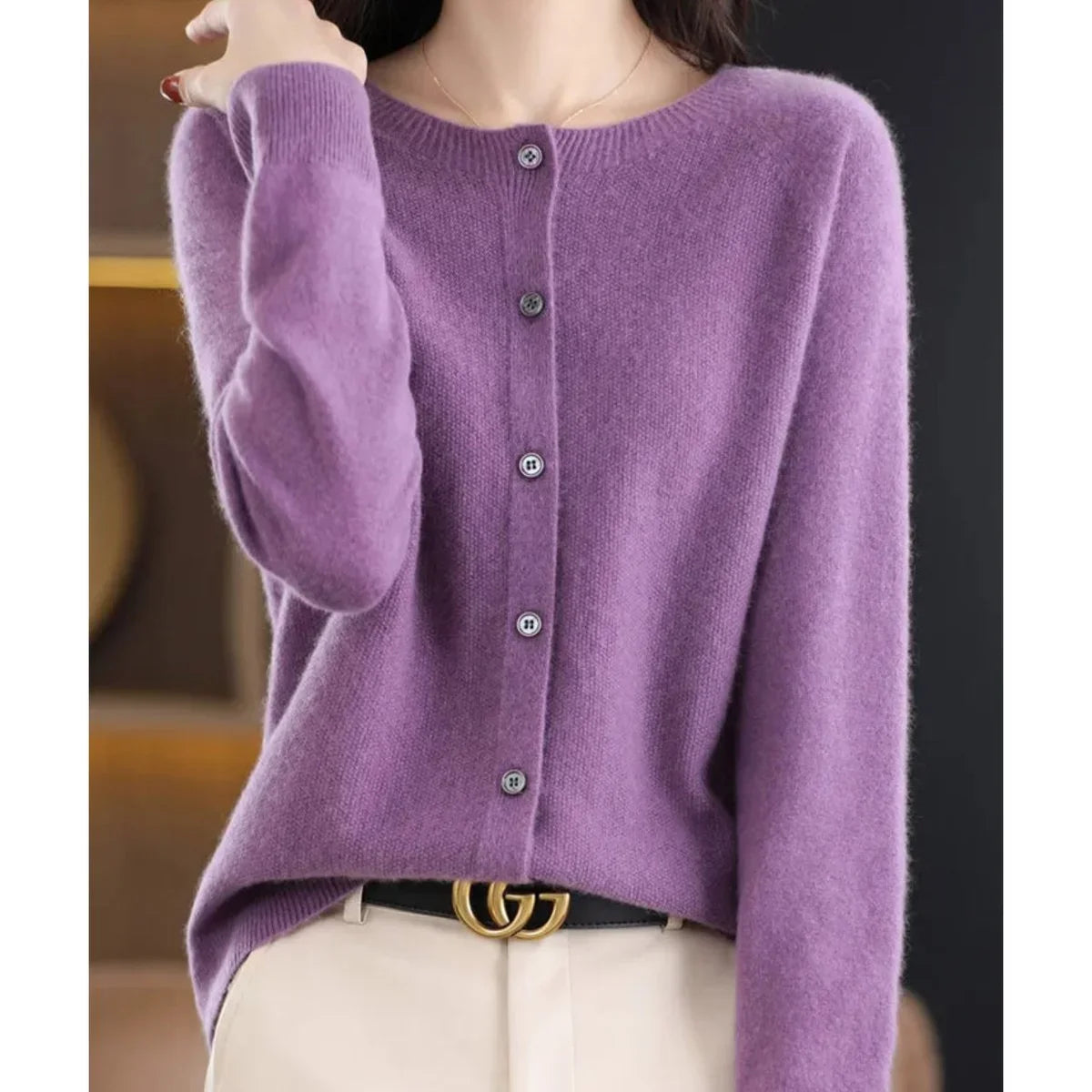 Women's oversized merino wool button-front knit cardigan – Lilac