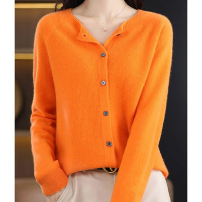 Women's oversized merino wool button-front knit cardigan – Orange