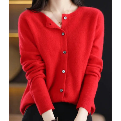 Women's oversized merino wool button-front knit cardigan – Red