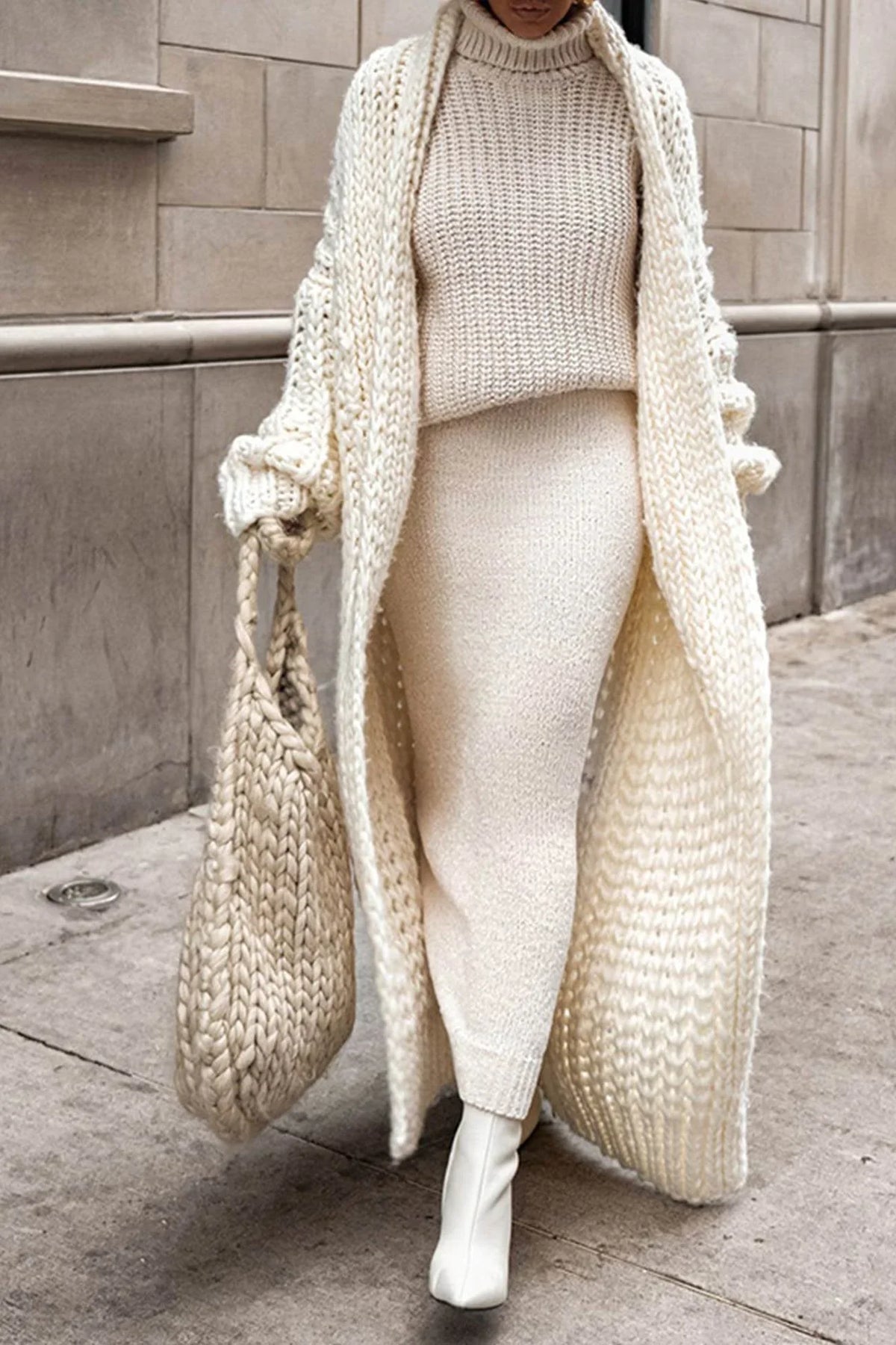 Women's oversized open-front chunky knit longline cardigan – Beige