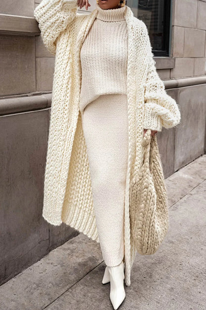 Women's oversized open-front chunky knit longline cardigan – Beige
