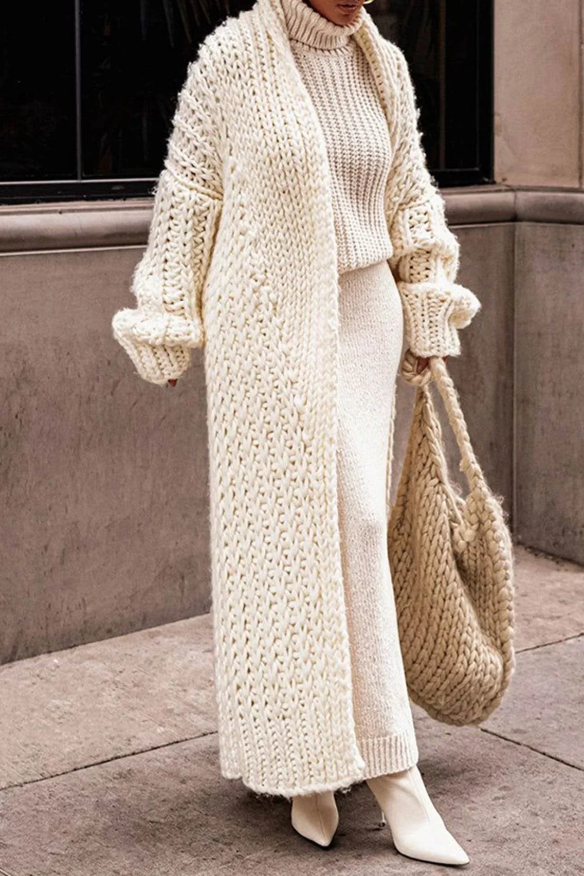Women's oversized open-front chunky knit longline cardigan – Beige