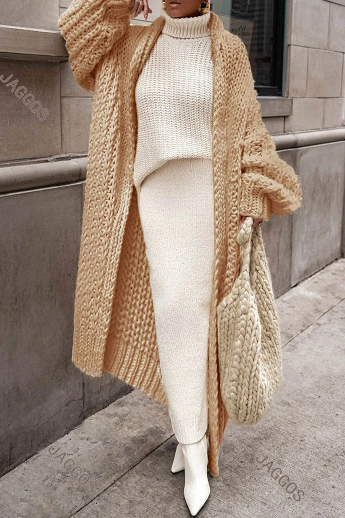 Women's oversized open-front chunky knit longline cardigan – Brown