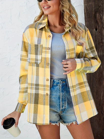 Women's oversized plaid flannel long-sleeve button-down shirt with chest pockets