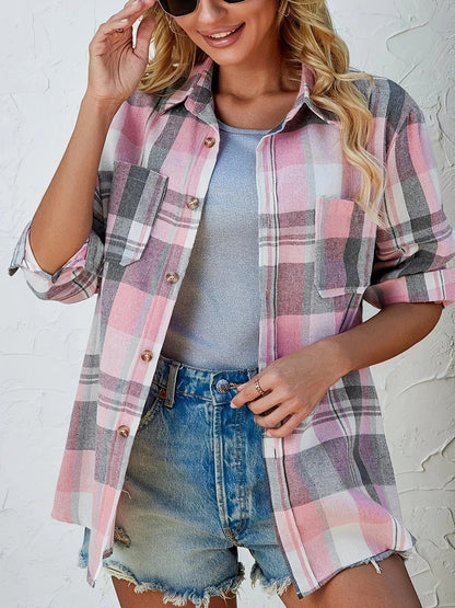 Women's oversized plaid flannel long-sleeve button-down shirt with chest pockets