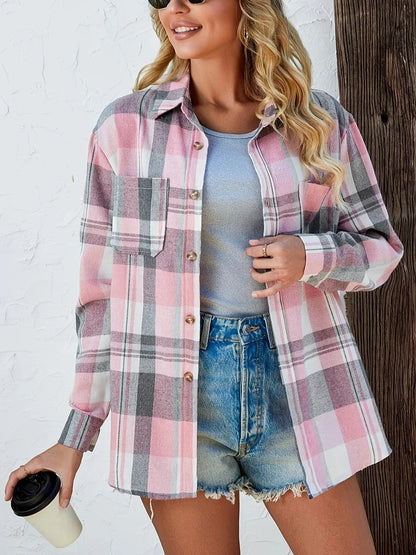Women's oversized plaid flannel long-sleeve button-down shirt with chest pockets