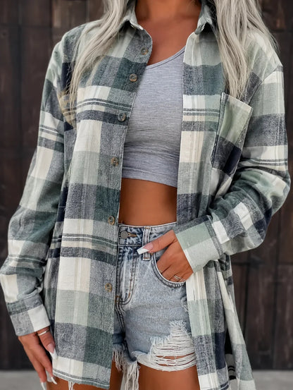 Women's oversized plaid flannel long-sleeve button-down shirt with chest pockets – Green