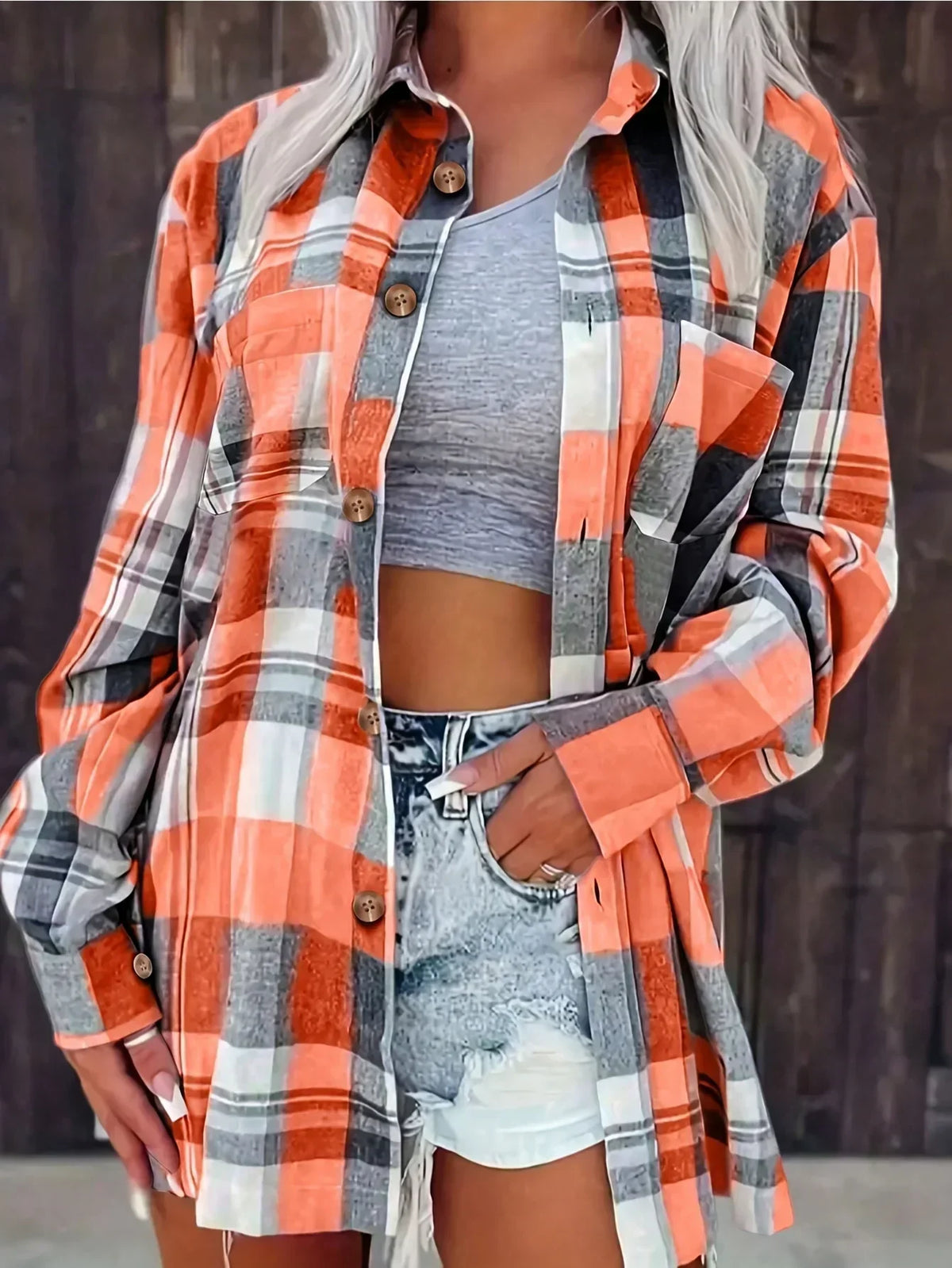 Women's oversized plaid flannel long-sleeve button-down shirt with chest pockets – Orange