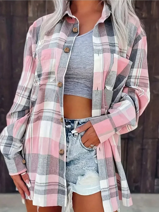 Women's oversized plaid flannel long-sleeve button-down shirt with chest pockets – Pink