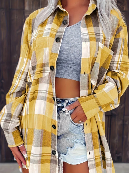 Women's oversized plaid flannel long-sleeve button-down shirt with chest pockets – Yellow