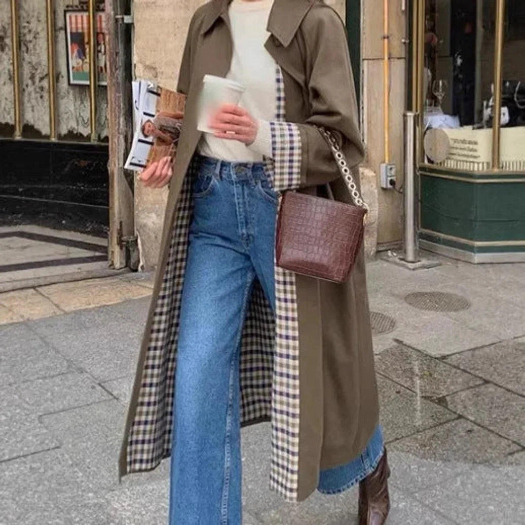 Women's oversized plaid-lined long trench coat – Khaki