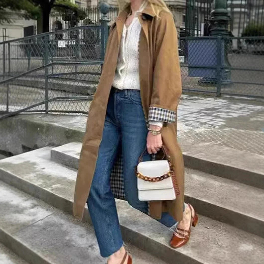 Women's oversized plaid-lined long trench coat – Khaki