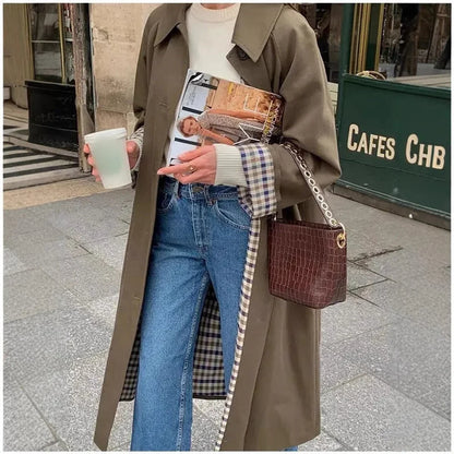 Women's oversized plaid-lined long trench coat – Khaki