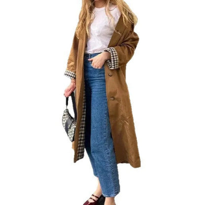 Women's oversized plaid-lined long trench coat – Khaki