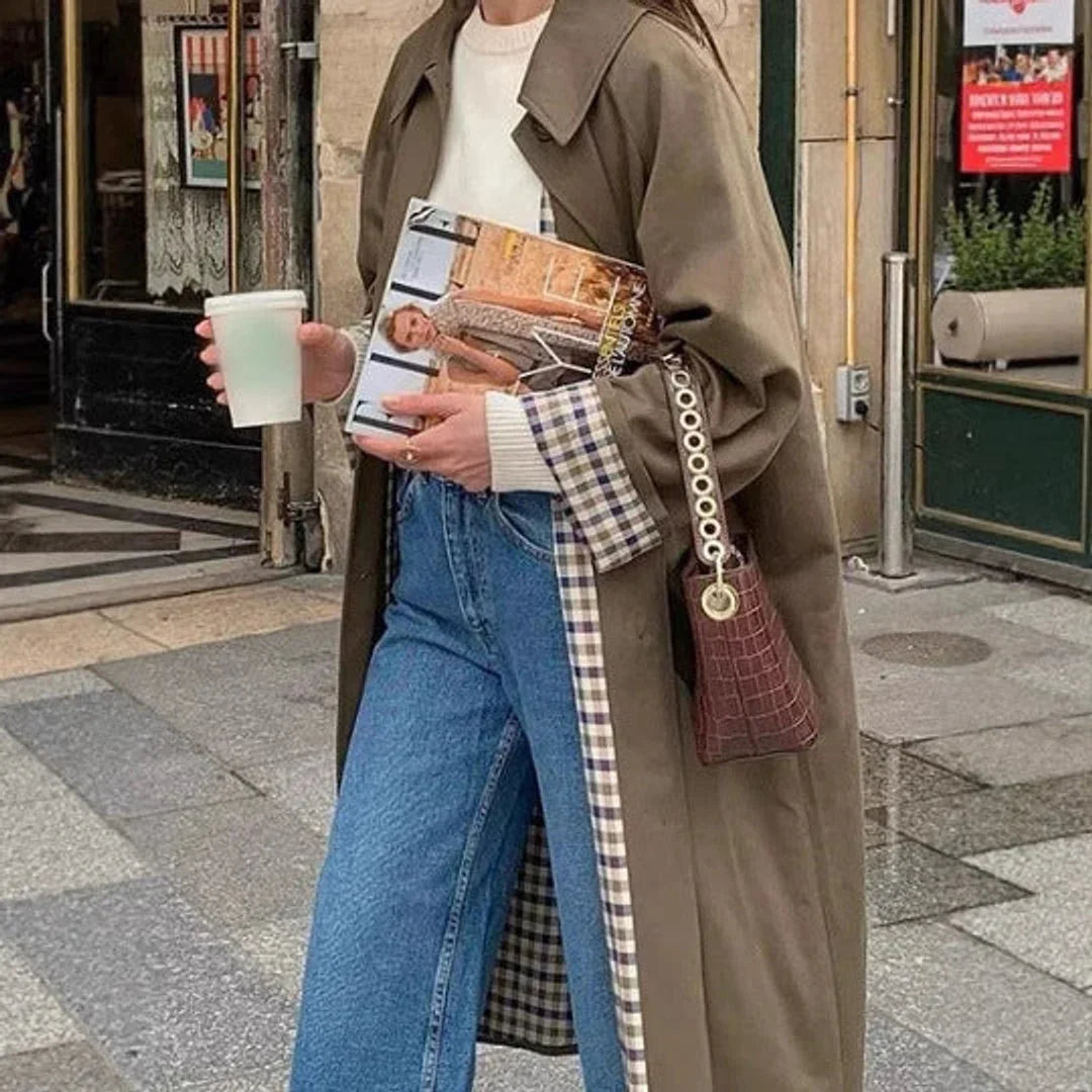 Women's oversized plaid-lined long trench coat – Khaki